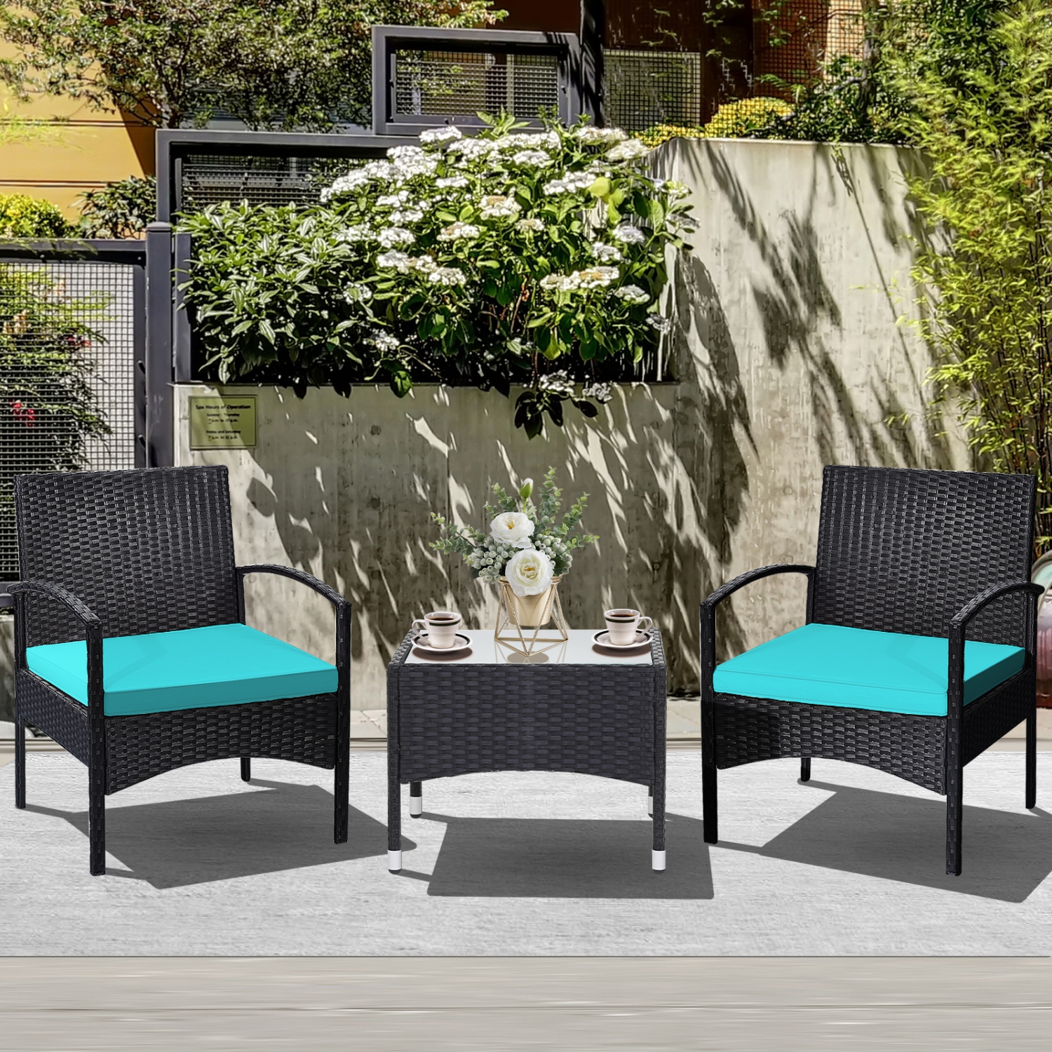 Patiojoy 3 PCS Patio Rattan Cushioned Chair Side Table Set Bistro Set Classic Furniture Single Sofa Thick Cushion for Garden Grey/White/Turquoise/Red