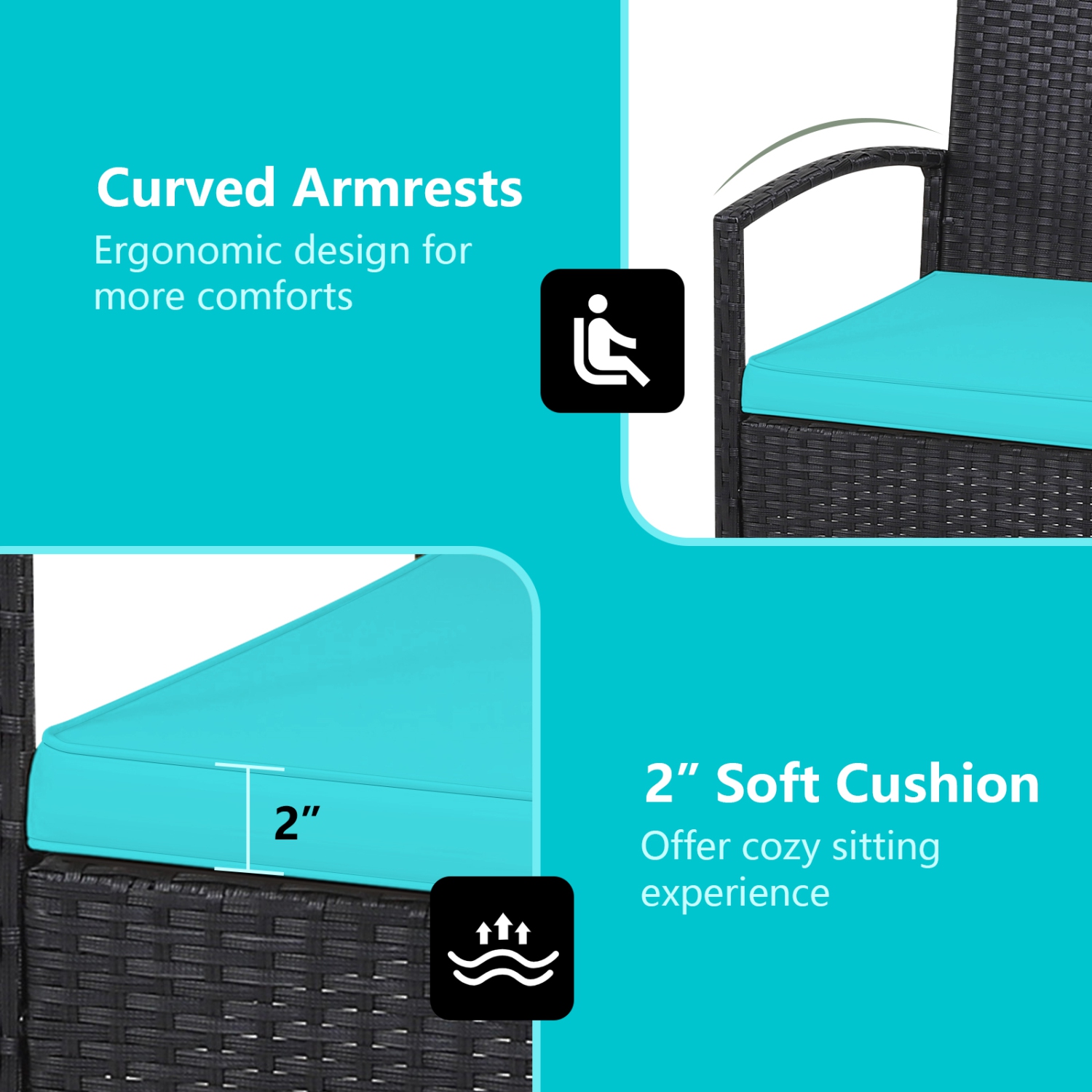 Patiojoy 3 PCS Patio Rattan Cushioned Chair Side Table Set Bistro Set Classic Furniture Single Sofa Thick Cushion for Garden Grey/White/Turquoise/Red