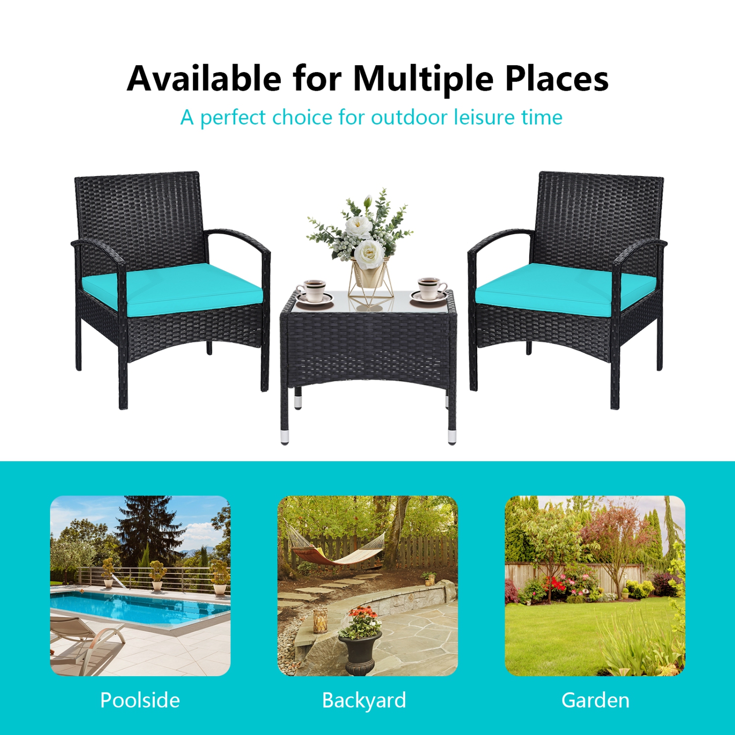 Patiojoy 3 PCS Patio Rattan Cushioned Chair Side Table Set Bistro Set Classic Furniture Single Sofa Thick Cushion for Garden Grey/White/Turquoise/Red