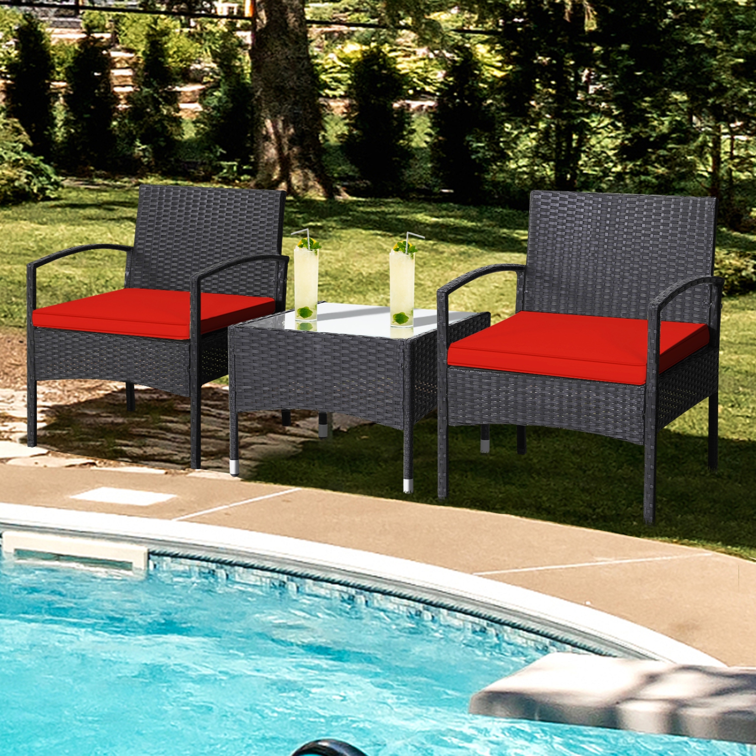 Patiojoy 3 PCS Patio Rattan Cushioned Chair Side Table Set Bistro Set Classic Furniture Single Sofa Thick Cushion for Garden Grey/White/Turquoise/Red