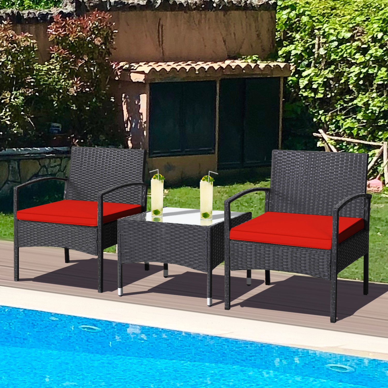Patiojoy 3 PCS Patio Rattan Cushioned Chair Side Table Set Bistro Set Classic Furniture Single Sofa Thick Cushion for Garden Grey/White/Turquoise/Red