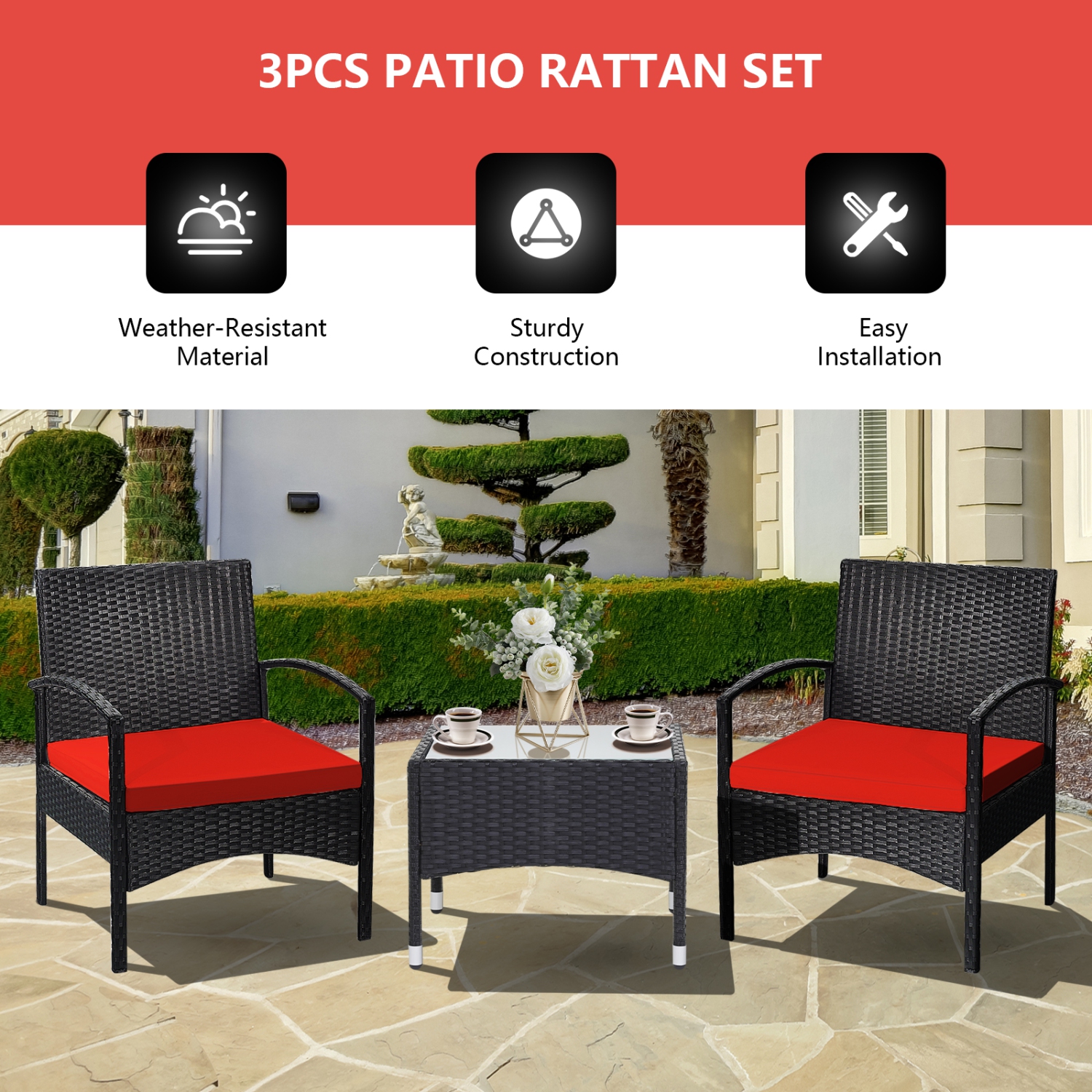 Patiojoy 3 PCS Patio Rattan Cushioned Chair Side Table Set Bistro Set Classic Furniture Single Sofa Thick Cushion for Garden Grey/White/Turquoise/Red