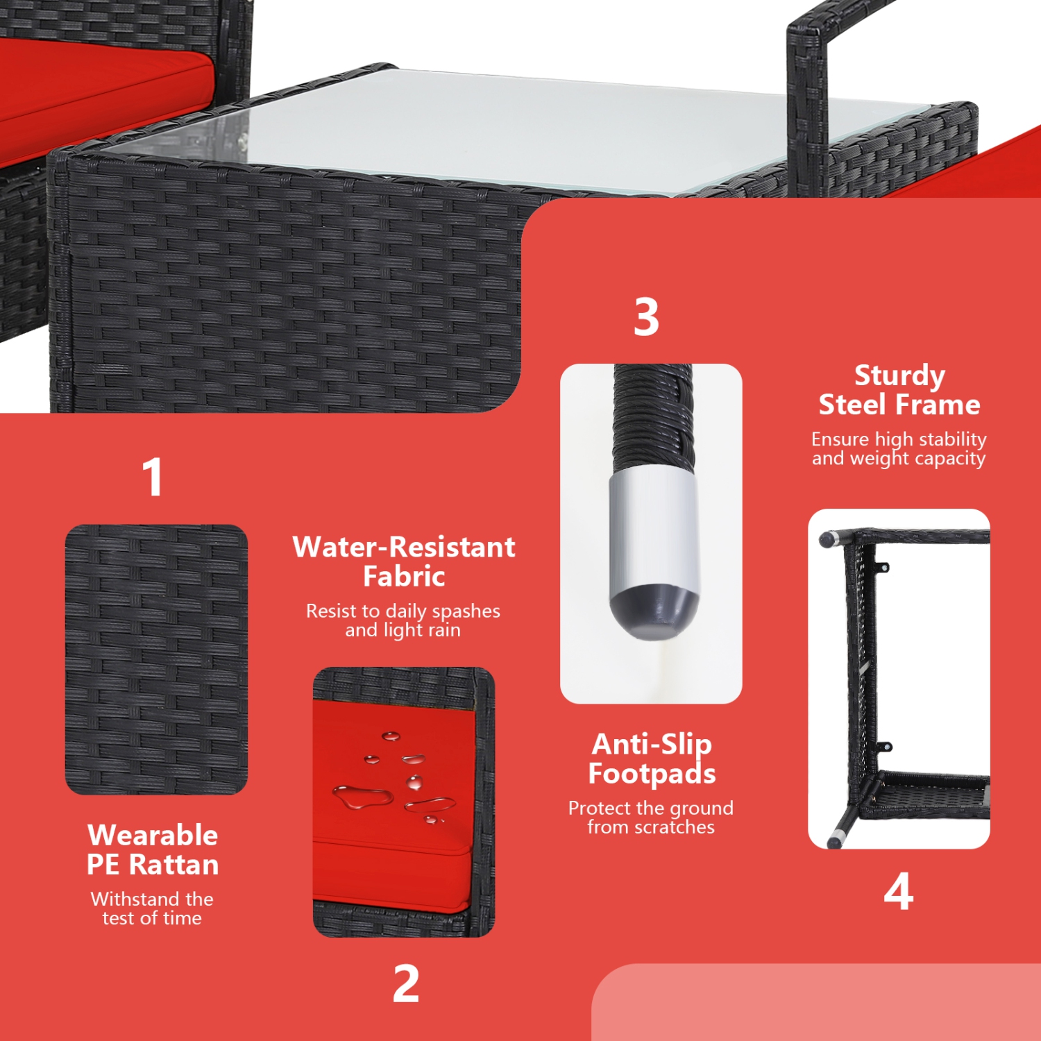 Patiojoy 3 PCS Patio Rattan Cushioned Chair Side Table Set Bistro Set Classic Furniture Single Sofa Thick Cushion for Garden Grey/White/Turquoise/Red