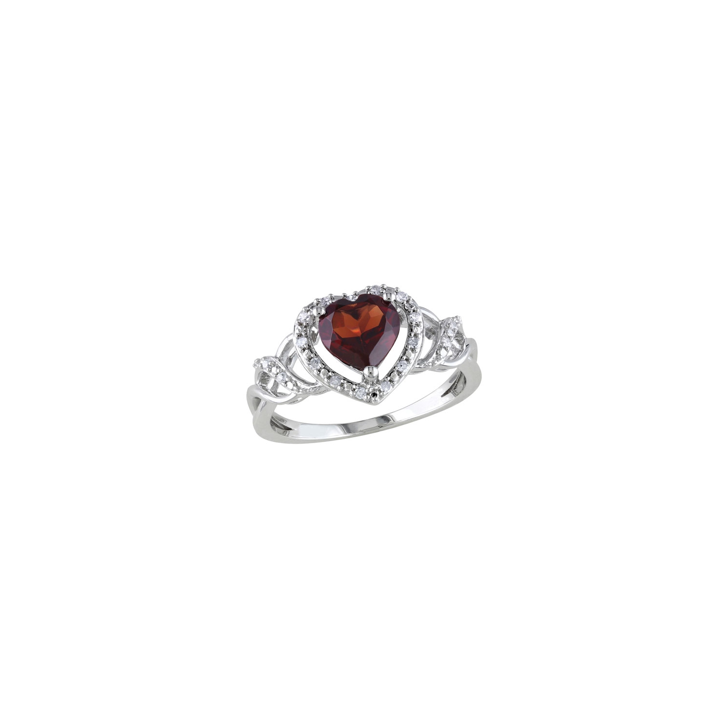 Amour Modern Sterling Silver Band with Heart-Cut Garnet & 0.09ctw I2-I3 Diamond Ring -Size 8
