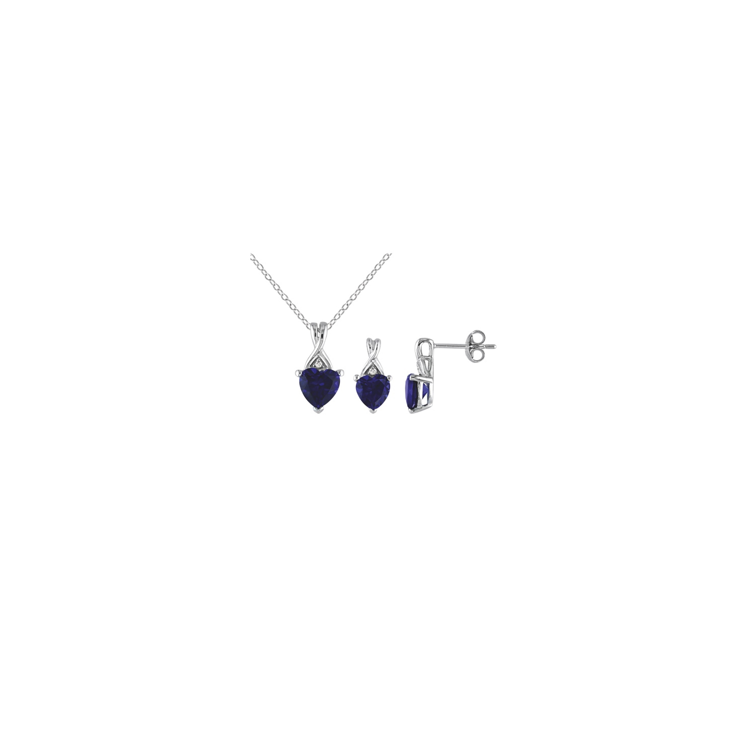 Modern Sterling Silver with Blue Round Sapphire & 0.03ctw White Diamond Heart Pendant & Earring Set