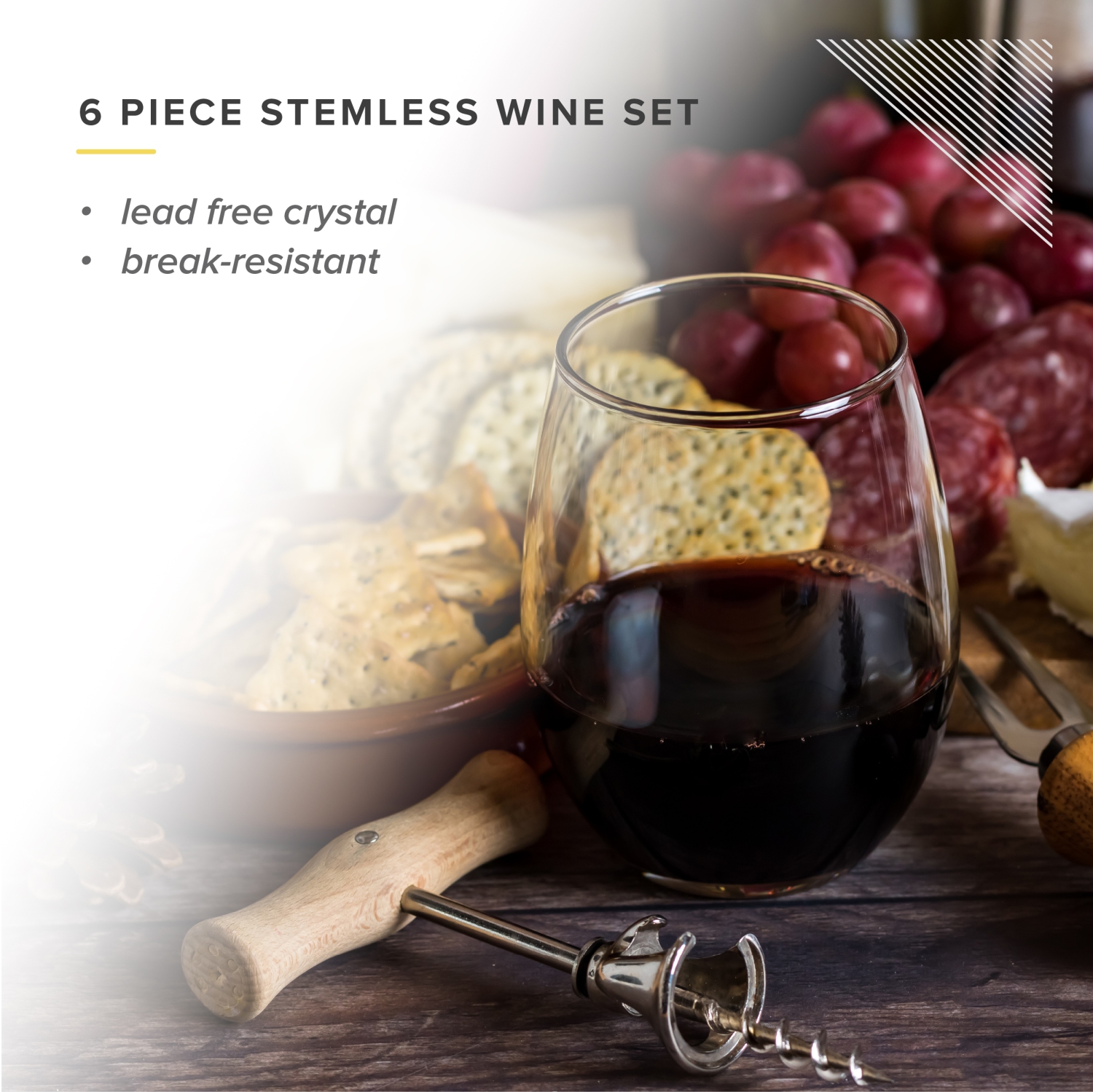 TABLE 12 15.5-Ounce Stemless Wine Glasses, Set of 6, Lead-Free Crystal, Break Resistant