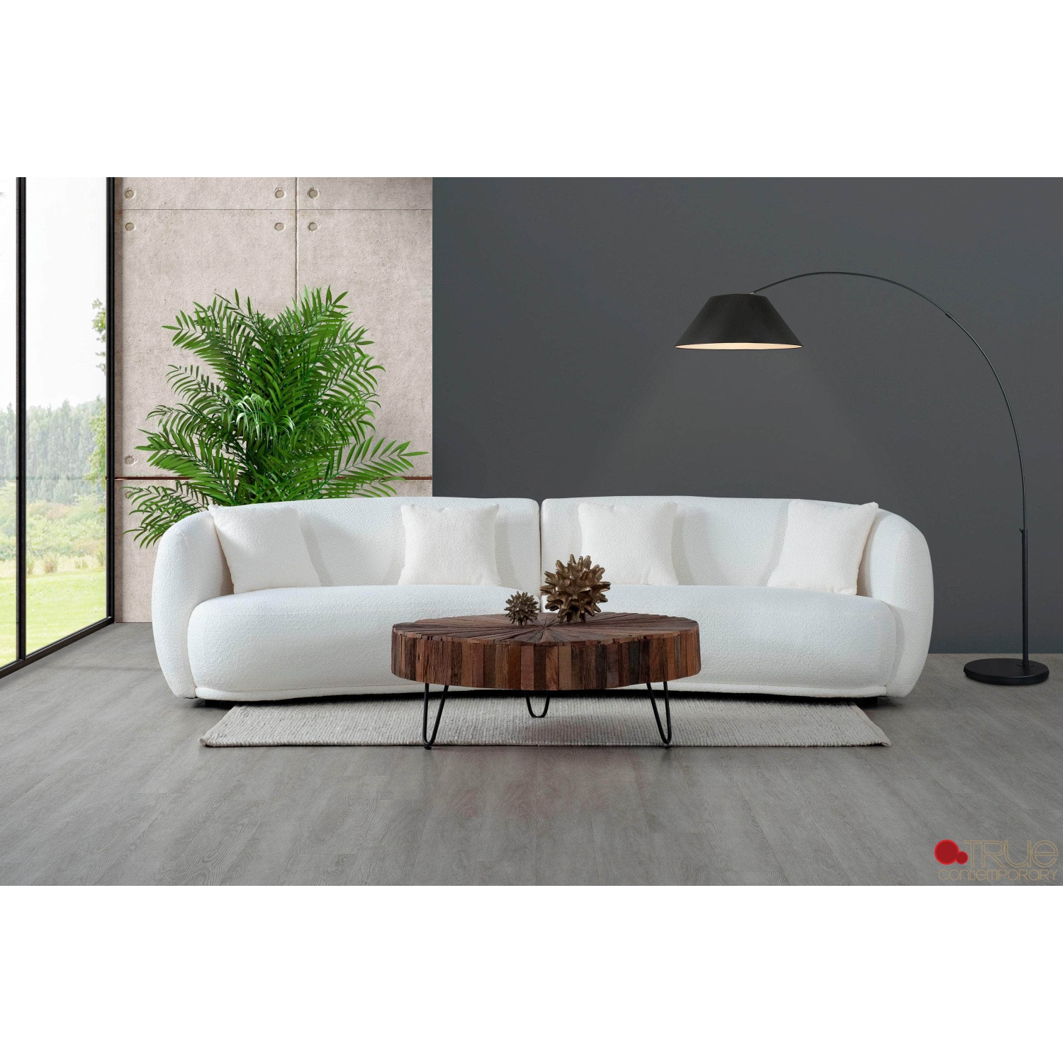 True Contemporary Archibald Curved Kidney Shaped Sectional Sofa in Wolly Ivory