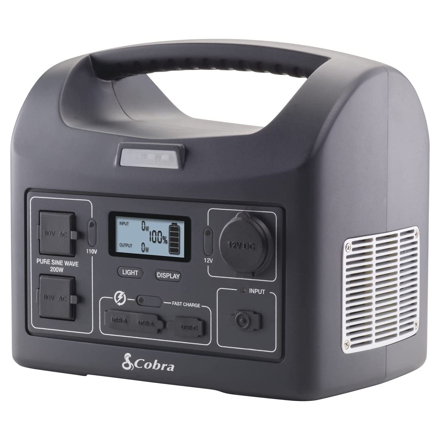 Cobra 200W Power Station - Portable Power- Fast Charge USB - LED Flashlight - AC Outlets, 200W Pure Sine Wave - 12V Socket, AC and 12V Cables - Solar