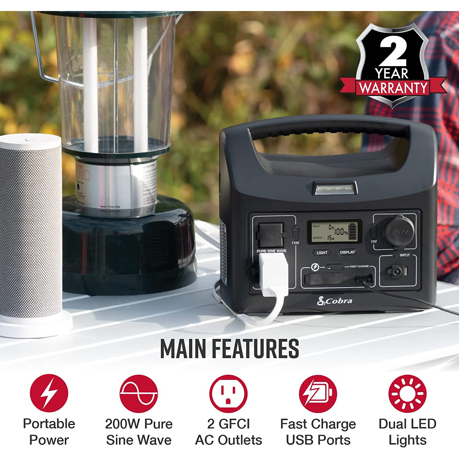 Cobra 200W Power Station - Portable Power- Fast Charge USB - LED Flashlight - AC Outlets, 200W Pure Sine Wave - 12V Socket, AC and 12V Cables - Solar