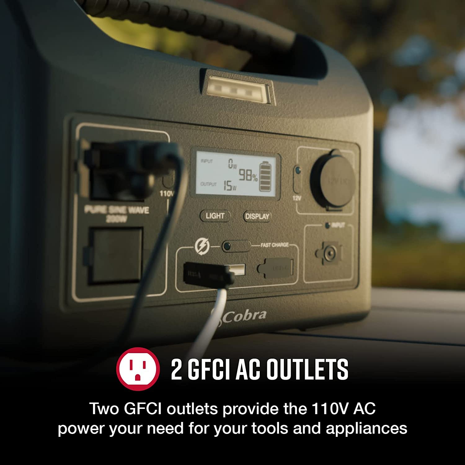 Cobra 200W Power Station - Portable Power- Fast Charge USB - LED Flashlight - AC Outlets, 200W Pure Sine Wave - 12V Socket, AC and 12V Cables - Solar