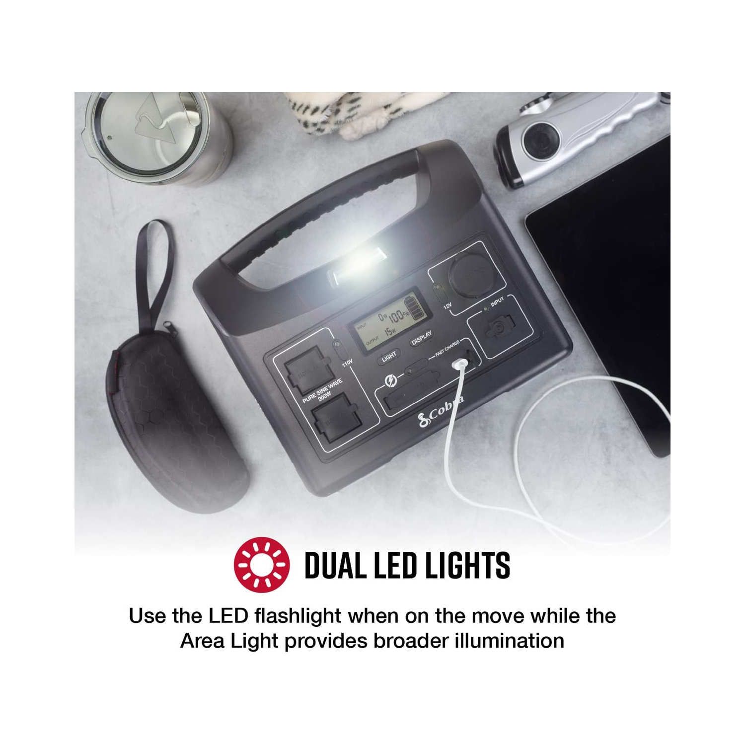 Cobra 200W Power Station - Portable Power- Fast Charge USB - LED Flashlight - AC Outlets, 200W Pure Sine Wave - 12V Socket, AC and 12V Cables - Solar