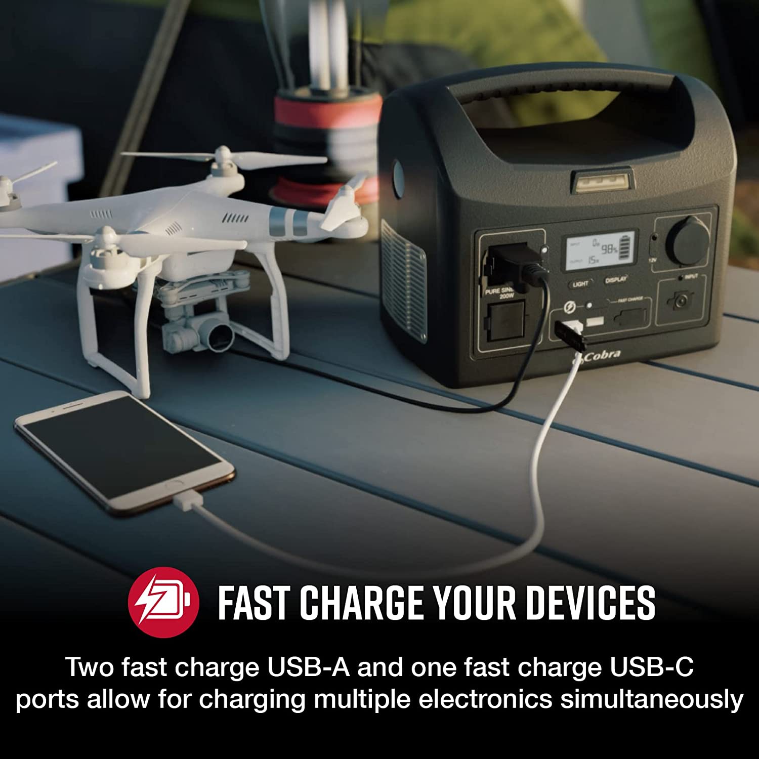 Cobra 200W Power Station - Portable Power- Fast Charge USB - LED Flashlight - AC Outlets, 200W Pure Sine Wave - 12V Socket, AC and 12V Cables - Solar