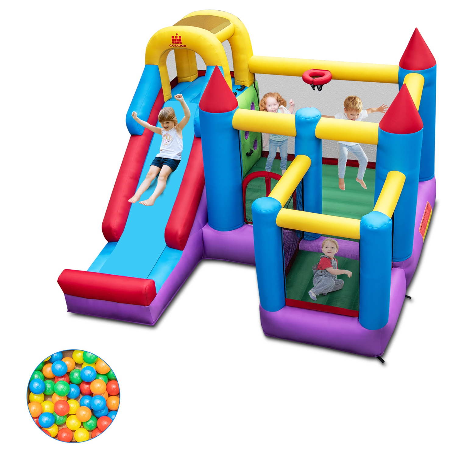 Costway 5-In-1 Inflatable Bounce Castle with Basketball Rim & Climbing Wall Blower Excluded
