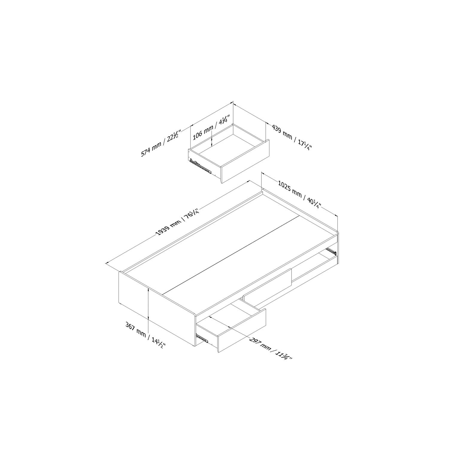 South Shore – lit matelot 1 place Fusion avec 3 tiroirs, noir pur