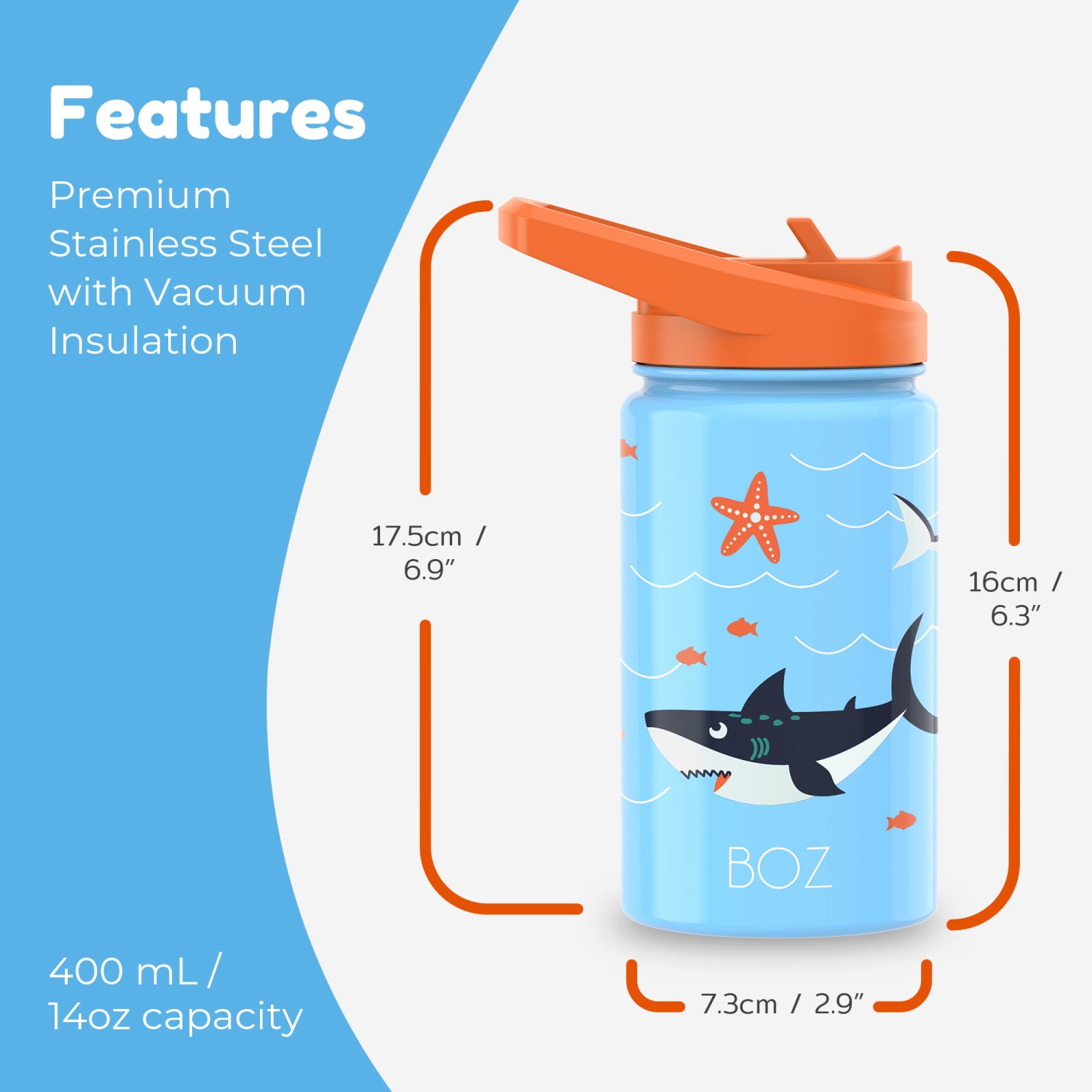 BOZ Kids Insulated Water Bottle with Straw Lid, Stainless Steel Vacuum Double Wall Water Cup with Scratch-Resistant Cute Print and Carry Handle,