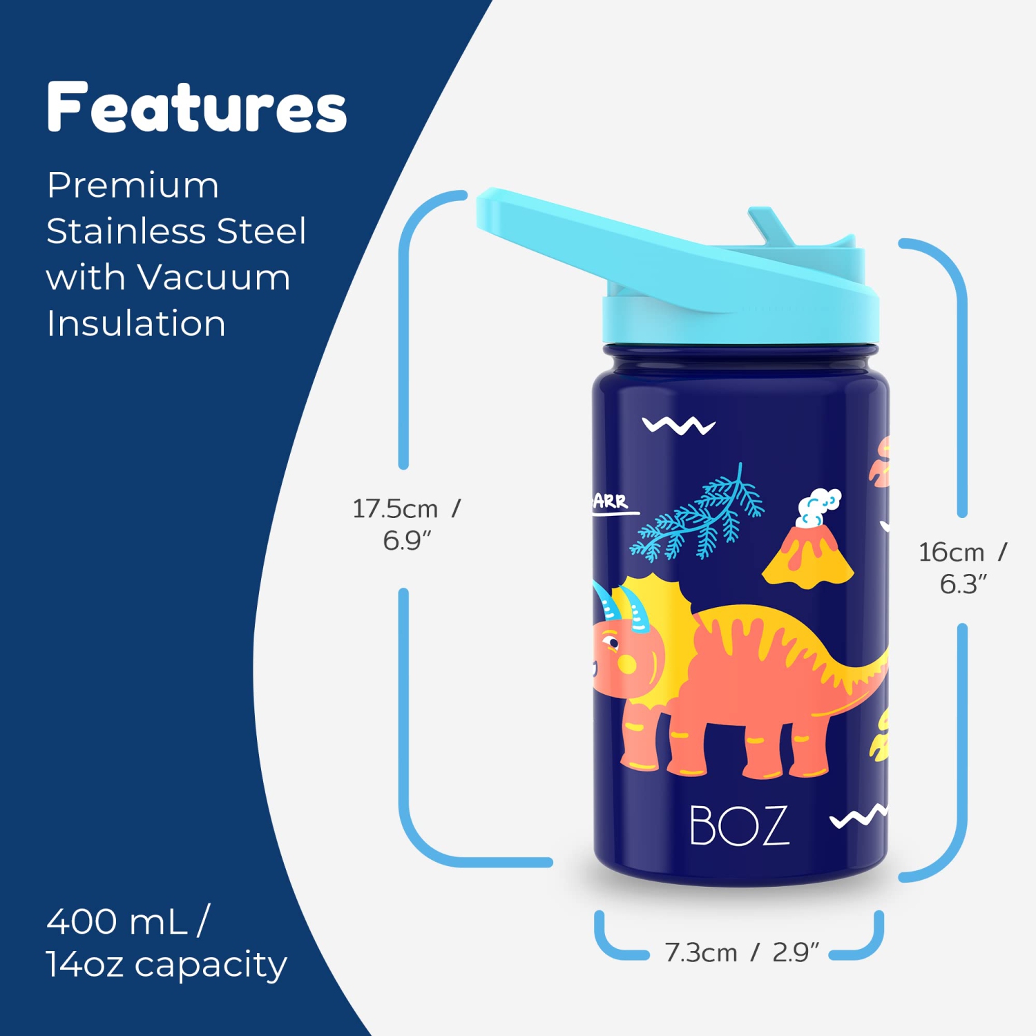 BOZ Kids Insulated Water Bottle with Straw Lid, Stainless Steel Vacuum Double Wall Water Cup with Scratch-Resistant Cute Print and Carry Handle,