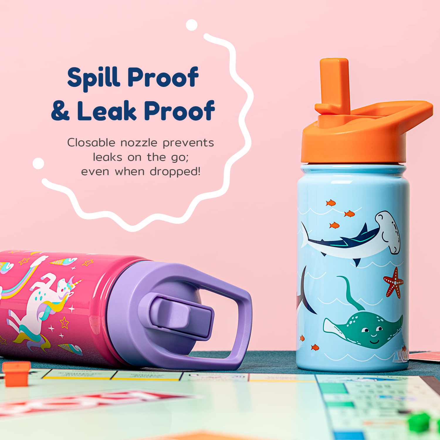 BOZ Kids Insulated Water Bottle with Straw Lid, Stainless Steel Vacuum Double Wall Water Cup with Scratch-Resistant Cute Print and Carry Handle,