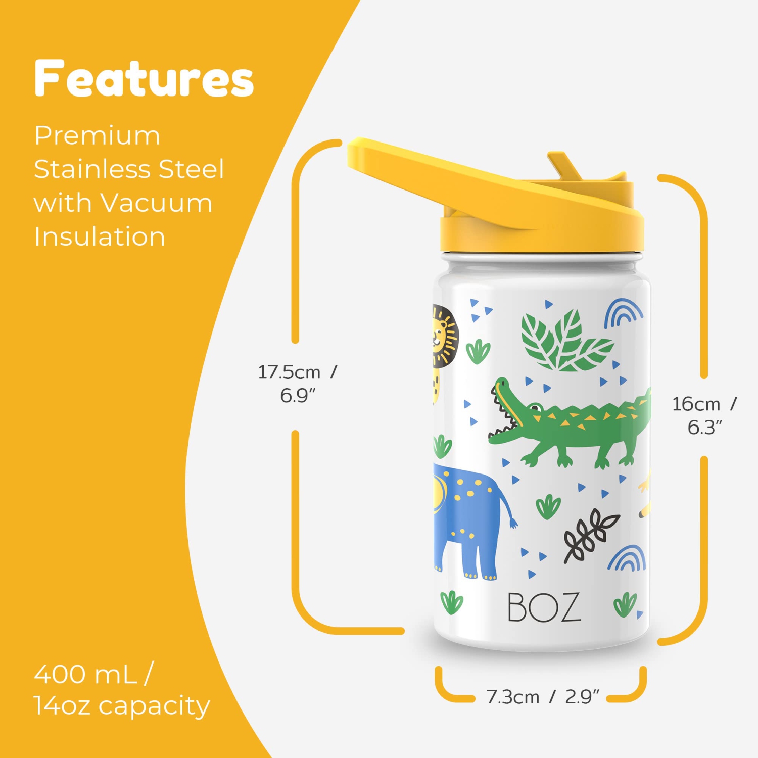 BOZ Kids Insulated Water Bottle with Straw Lid, Stainless Steel Vacuum Double Wall Water Cup with Scratch-Resistant Cute Print and Carry Handle,