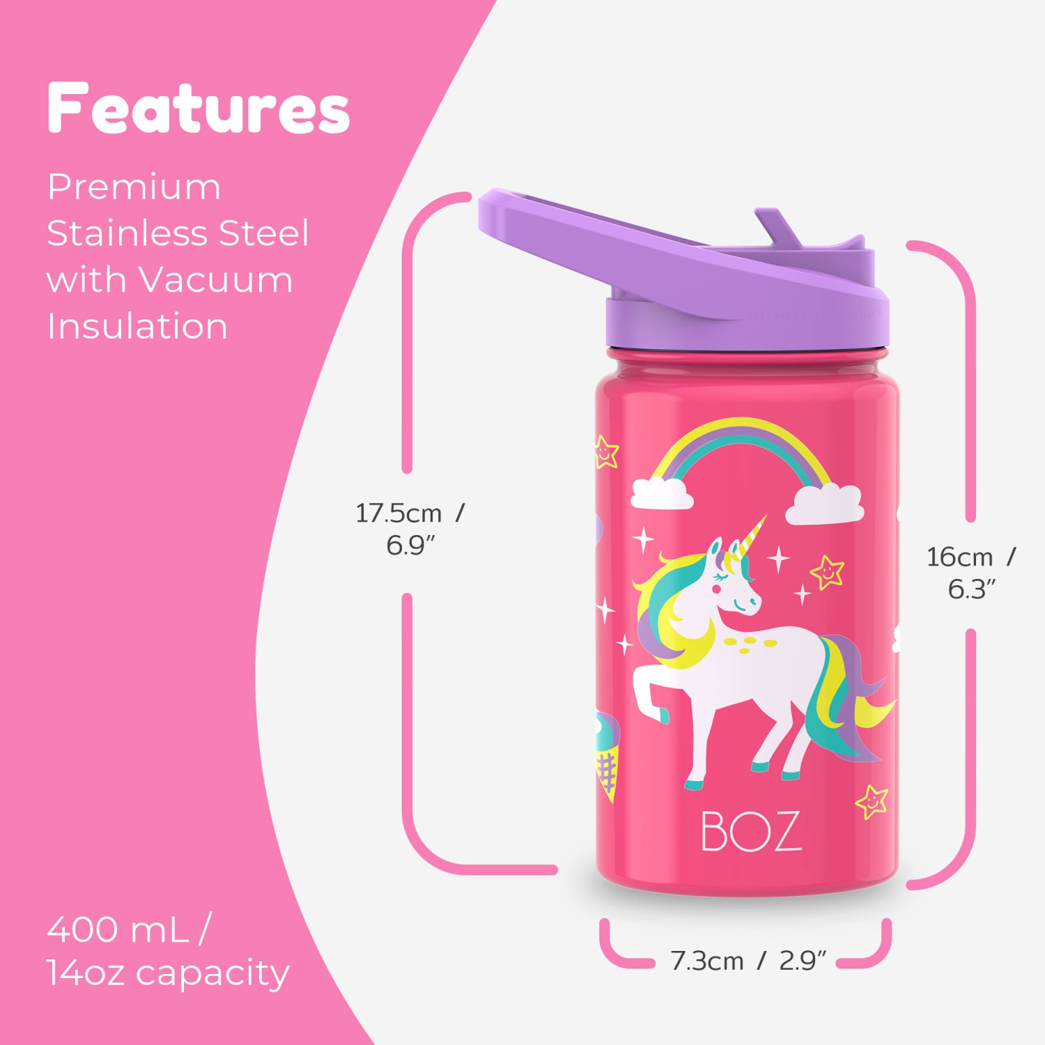 BOZ Kids Insulated Water Bottle with Straw Lid, Stainless Steel Vacuum Double Wall Water Cup with Scratch-Resistant Cute Print and Carry Handle,