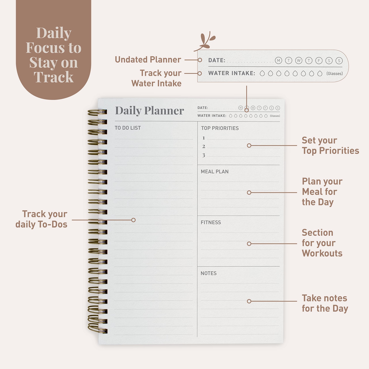 Rileys & Co Undated Planner For Women, 240 Pages To Do List Notebook, 8 x 6", Undated Daily Planner For Boosting Your Productivity, Daily To Do