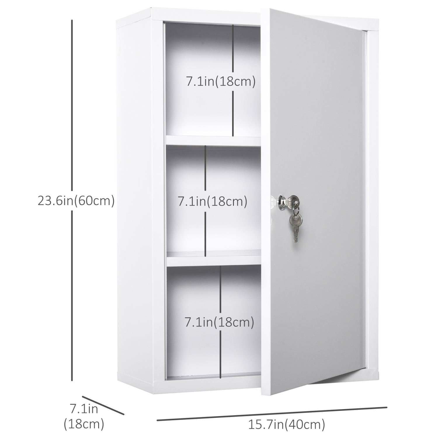 kleankin Wall Mount Medicine Cabinet, 3-Tier Steel Locking First Aid Cabinet with 2 Keys, Large Capacity Medicine Organizer for Bathroom Kitchen,