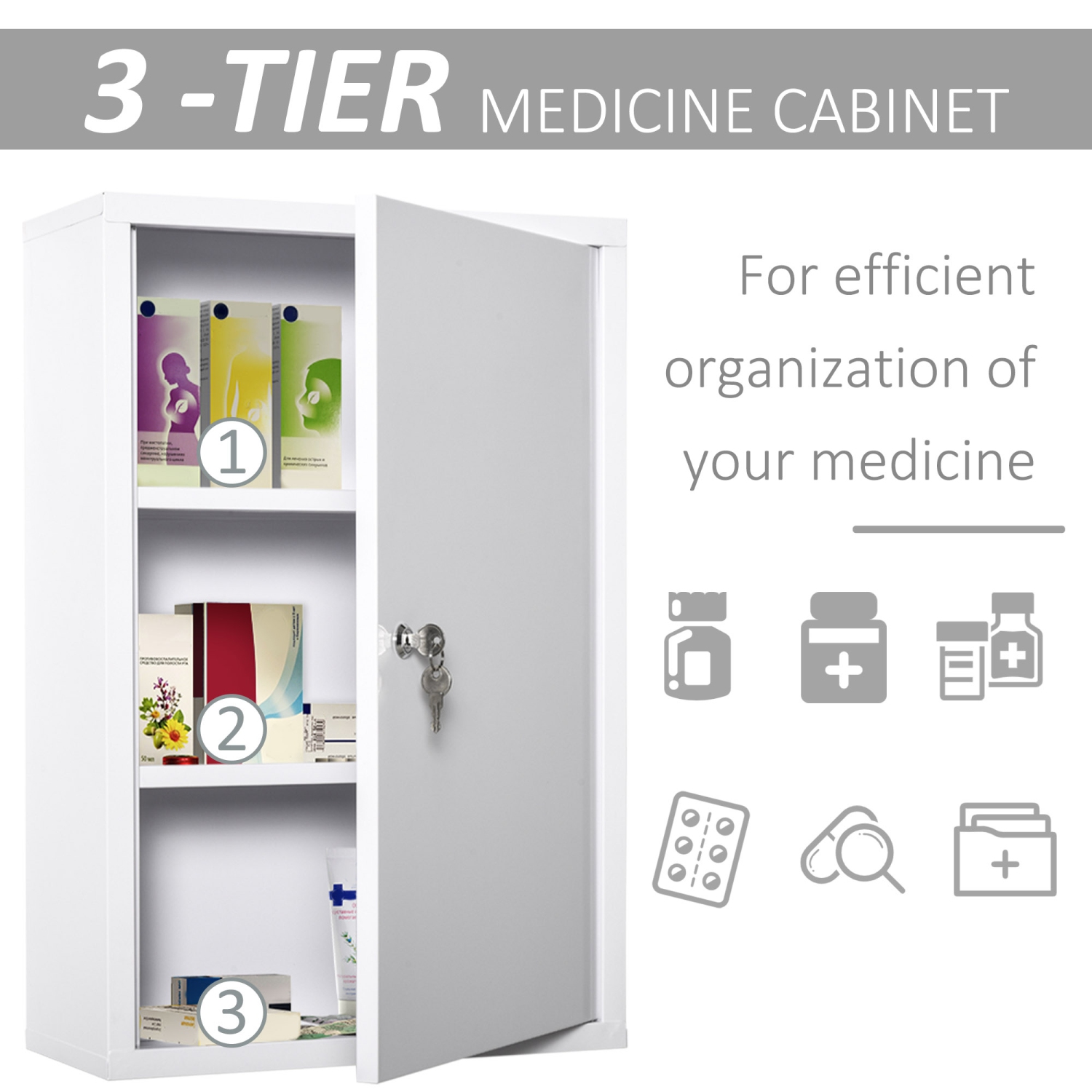 kleankin Wall Mount Medicine Cabinet, 3-Tier Steel Locking First Aid Cabinet with 2 Keys, Large Capacity Medicine Organizer for Bathroom Kitchen,