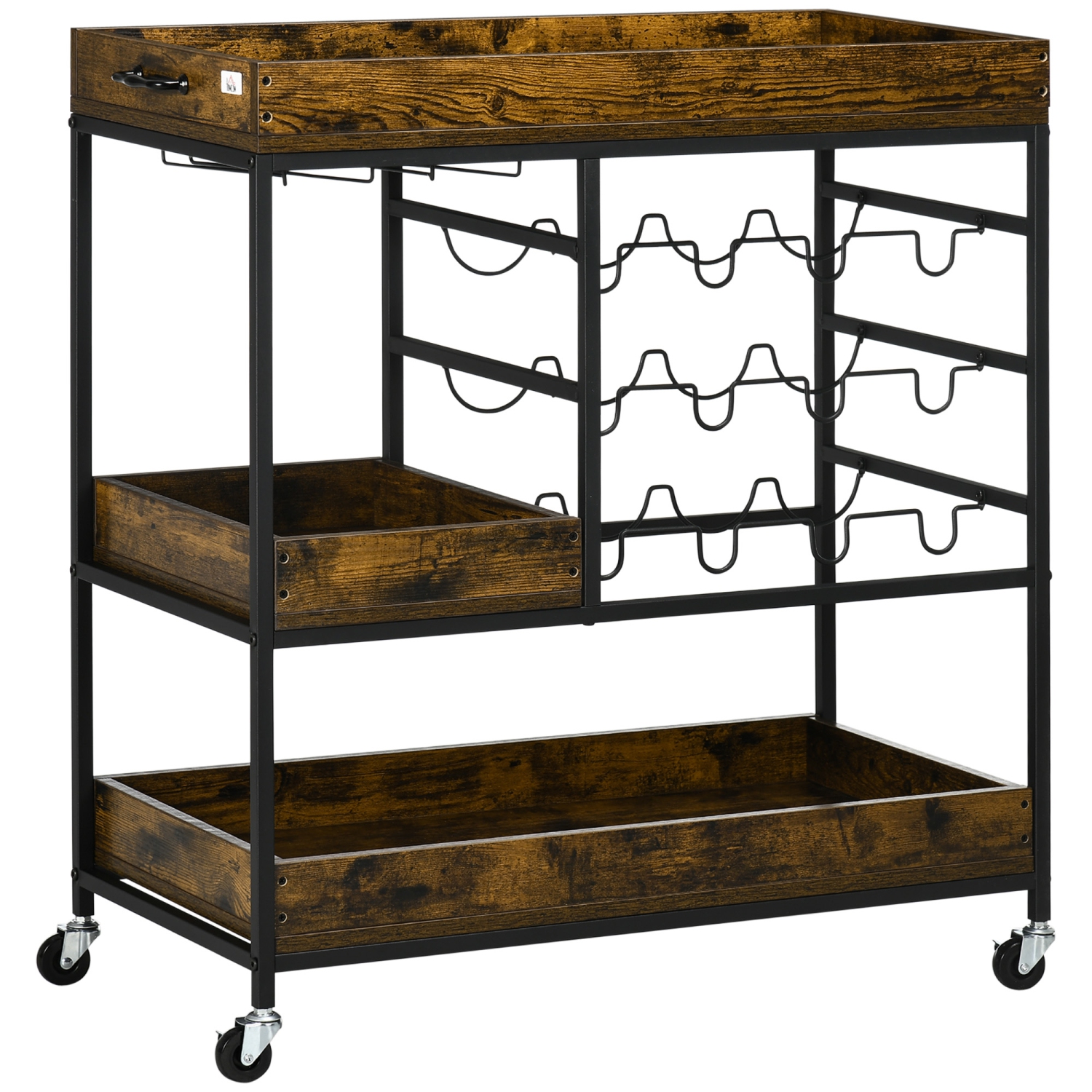 HOMCOM Industrial Rolling Kitchen Cart, 3-Tier Kitchen Island, Utility Trolley with Handles, Wine Racks, Glass Holders and Two Lockable Wheels for Dining Room, Rustic Brown