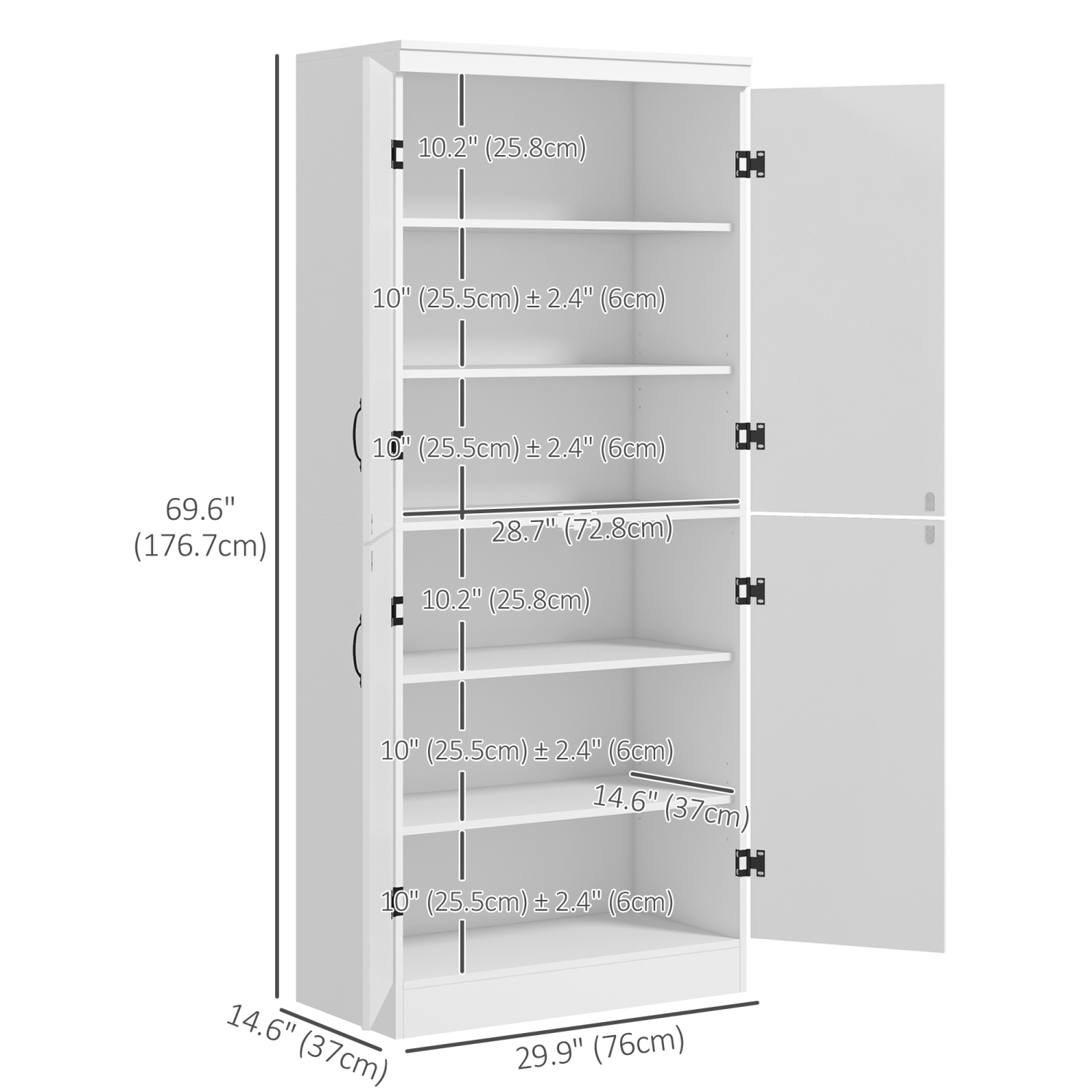 HOMCOM 70" Tall Kitchen Pantry Cabinet, Freestanding Storage Cabinet with 4 Doors, 6-tier Pantry for Living Room, White