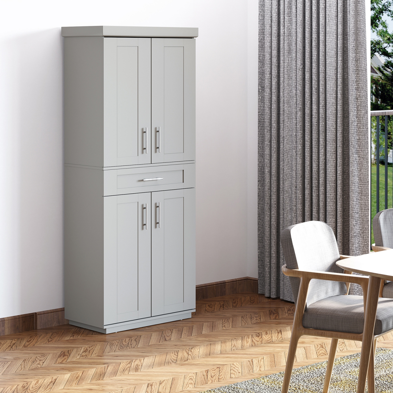 HOMCOM – Armoire garde-manger de 72 po, armoire de cuisine autonome avec 4 portes, tiroir et 3 tablettes réglables, gris
