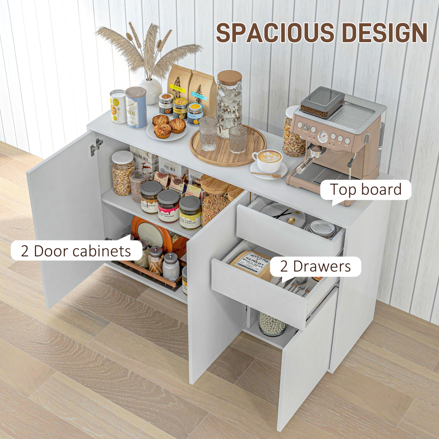 HOMCOM – buffet très lustré avec 2 tiroirs, 3 portes et tablette réglable, armoire de rangement de cuisine avec design Push Open, blanc
