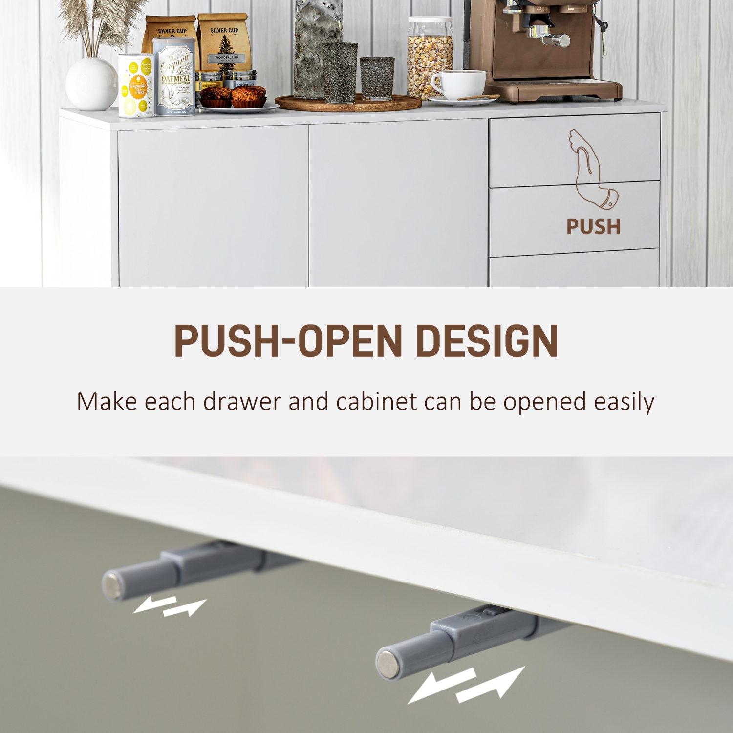 HOMCOM – buffet très lustré avec 2 tiroirs, 3 portes et tablette réglable, armoire de rangement de cuisine avec design Push Open, blanc