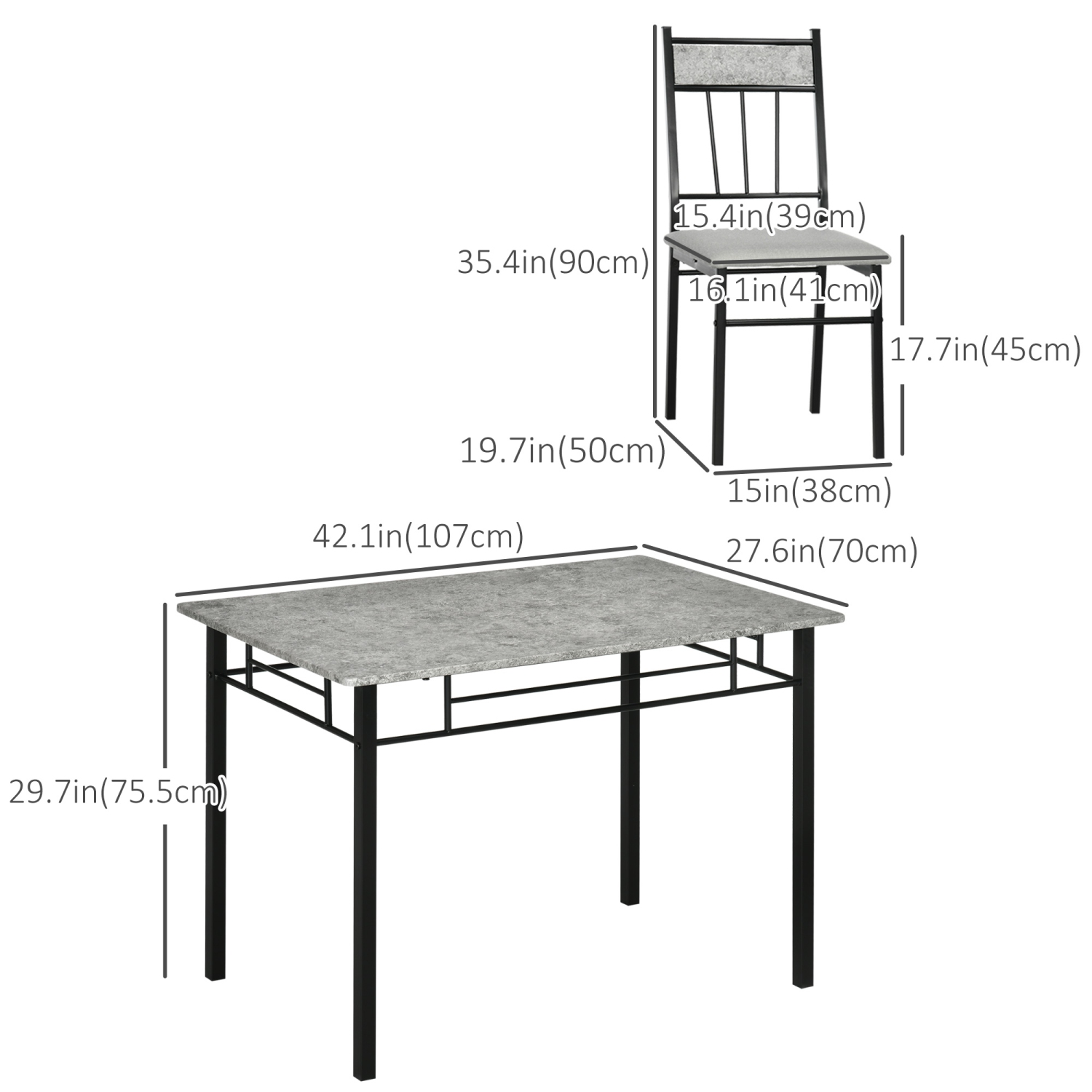 HOMCOM 5 Pieces Dining Table Set, Modern Kitchen Table and Chairs Set for 4 People with Marble Effect Tabletop, Padded Chairs and Metal Frame, 42.1"