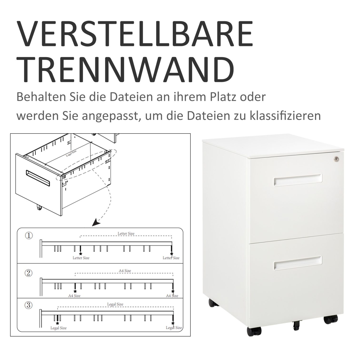 Vinsetto Vertical Filing Cabinet with 2 Drawers, Lock and Wheels, Under Desk Mobile File Cabinet for Legal, A4, Letter Size, Steel Frame for Home