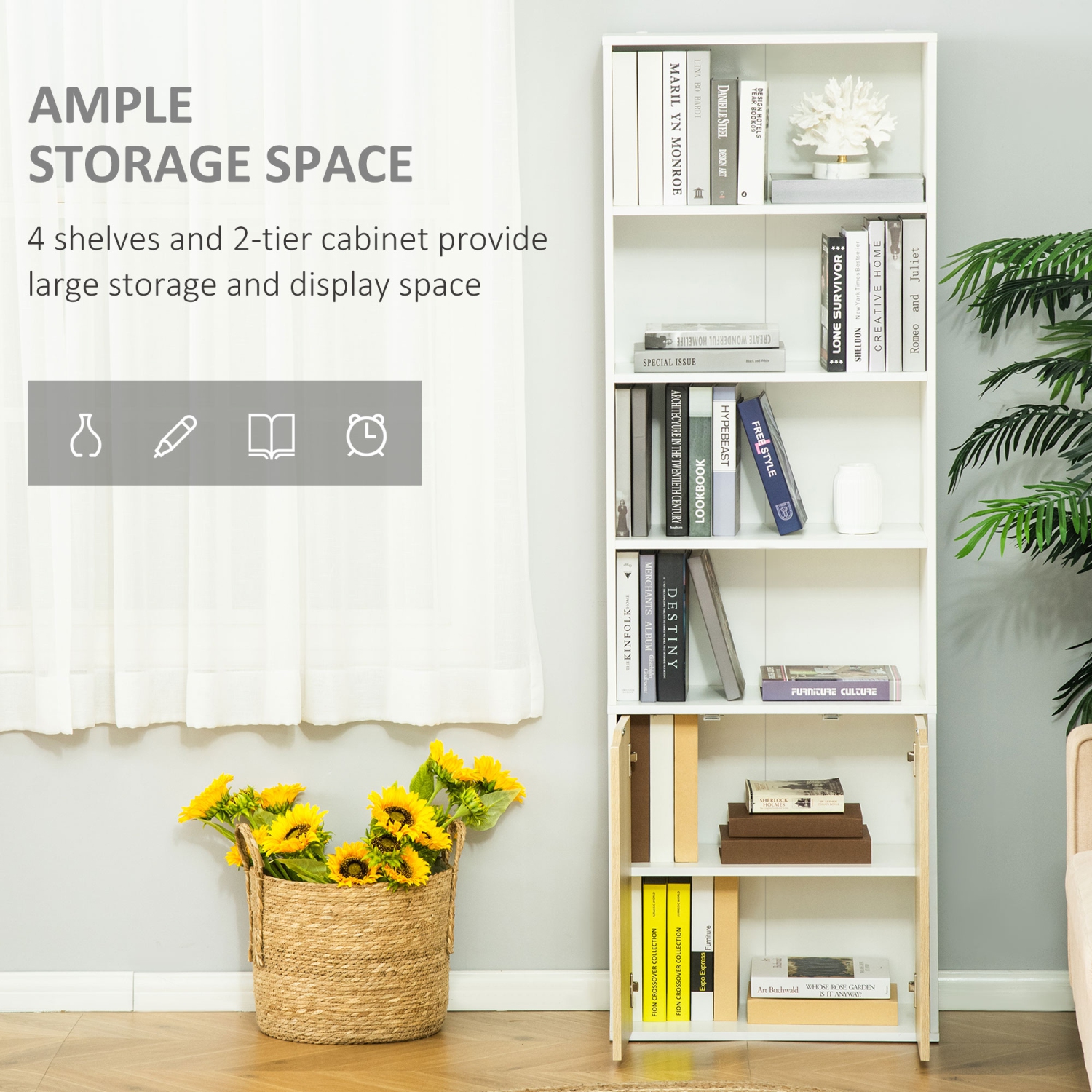 HOMCOM 6-Tier Bookcase, Tall Storage Bookshelf with Double Door Cabinet, Modern Display Shelves for Home Office, Living Room, Bathroom, Study, Oak