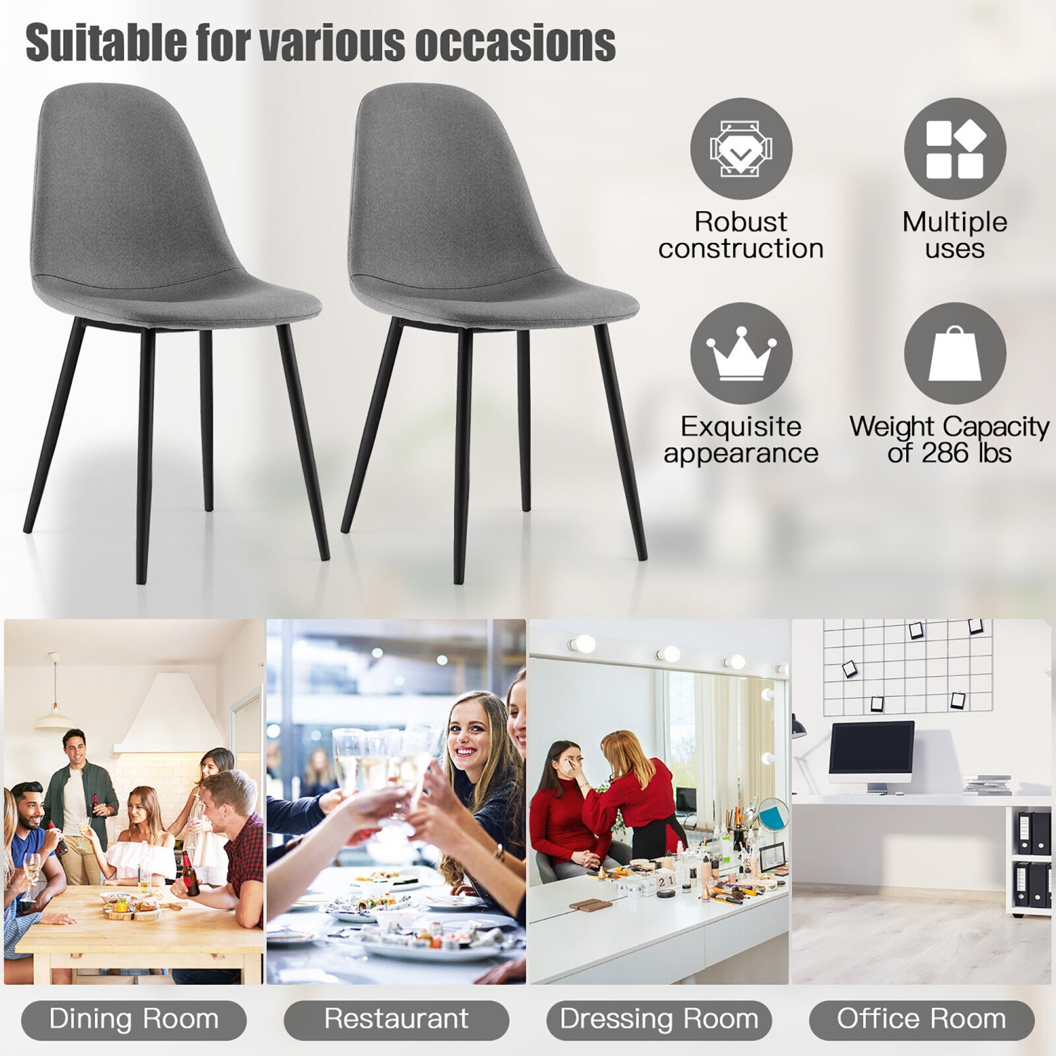 Gymax Dining Chairs Set of 4 Upholstered Fabric Chairs W/Metal Legs for Living Room