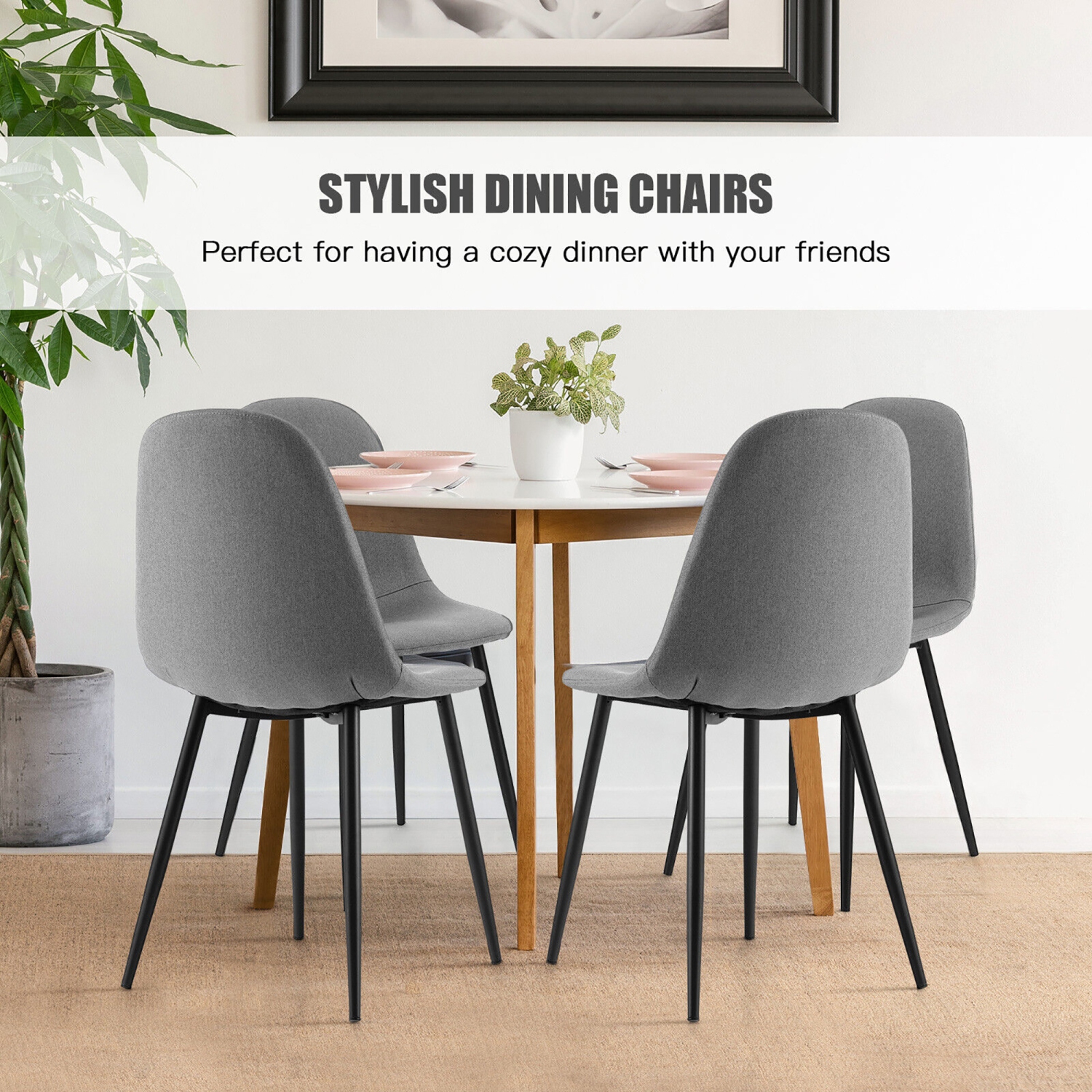Gymax Dining Chairs Set of 4 Upholstered Fabric Chairs W/Metal Legs for Living Room
