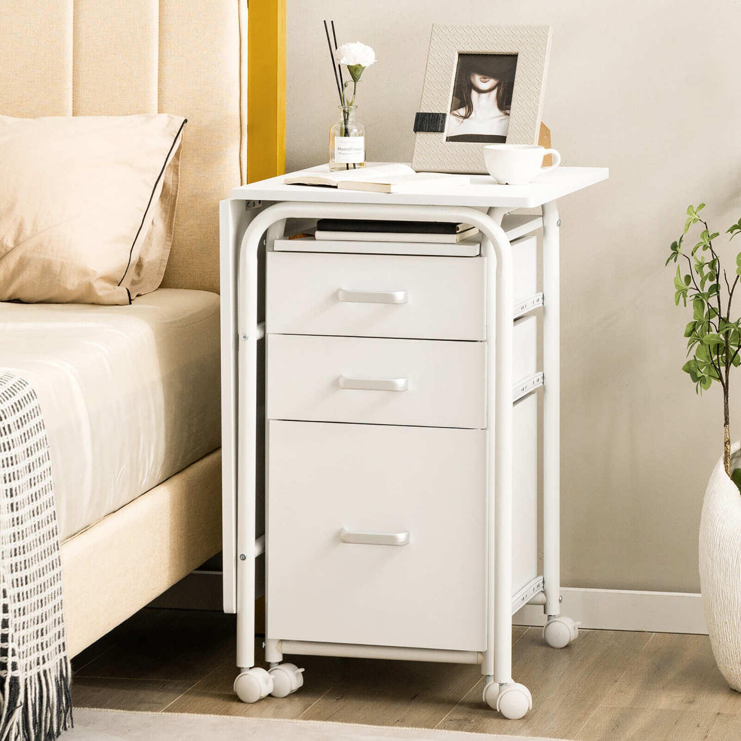 Gymax Folding Computer Laptop Desk Wheeled Home Office Furniture w/3 Drawers White