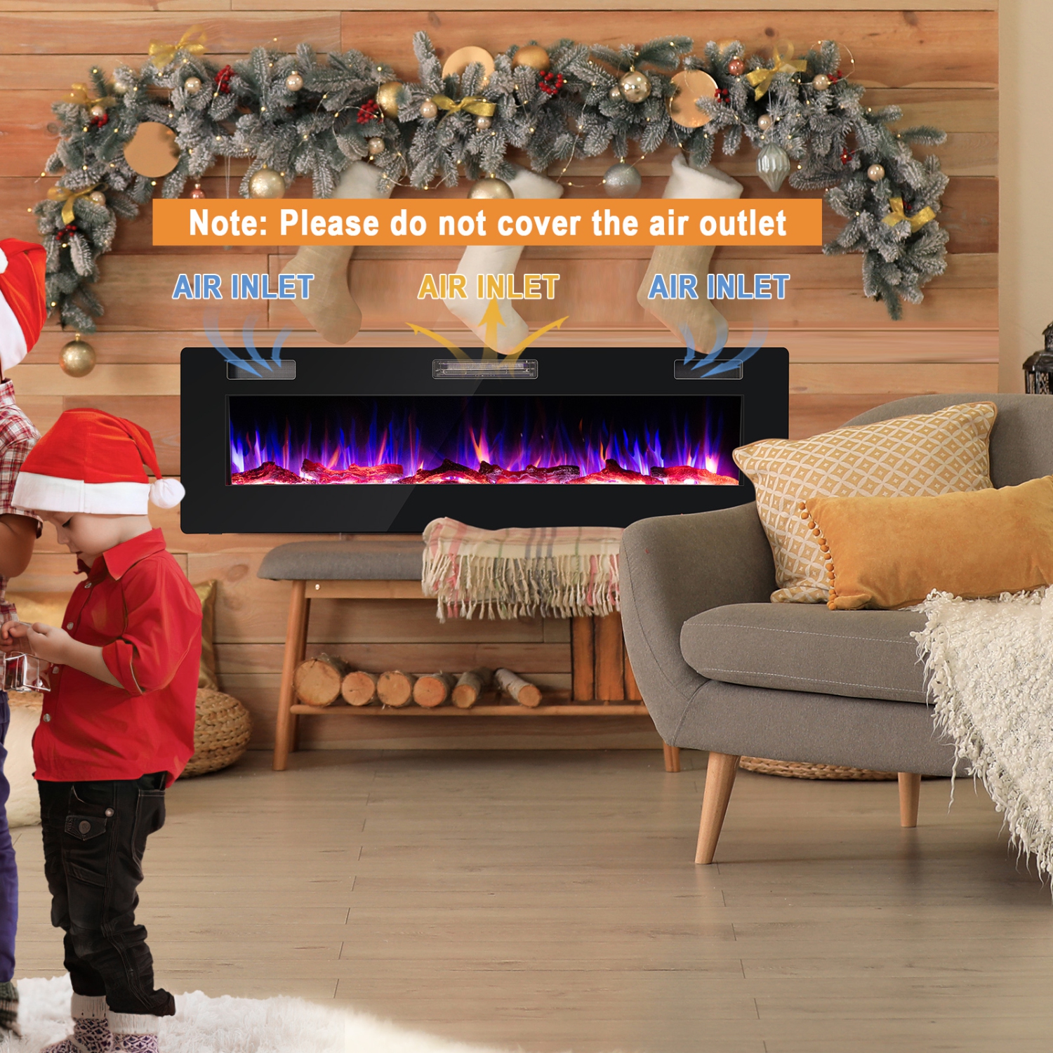 Costway 60 Inches Ultra-thin Electric Fireplace Recessed & Wall Mounted with Log Crystals