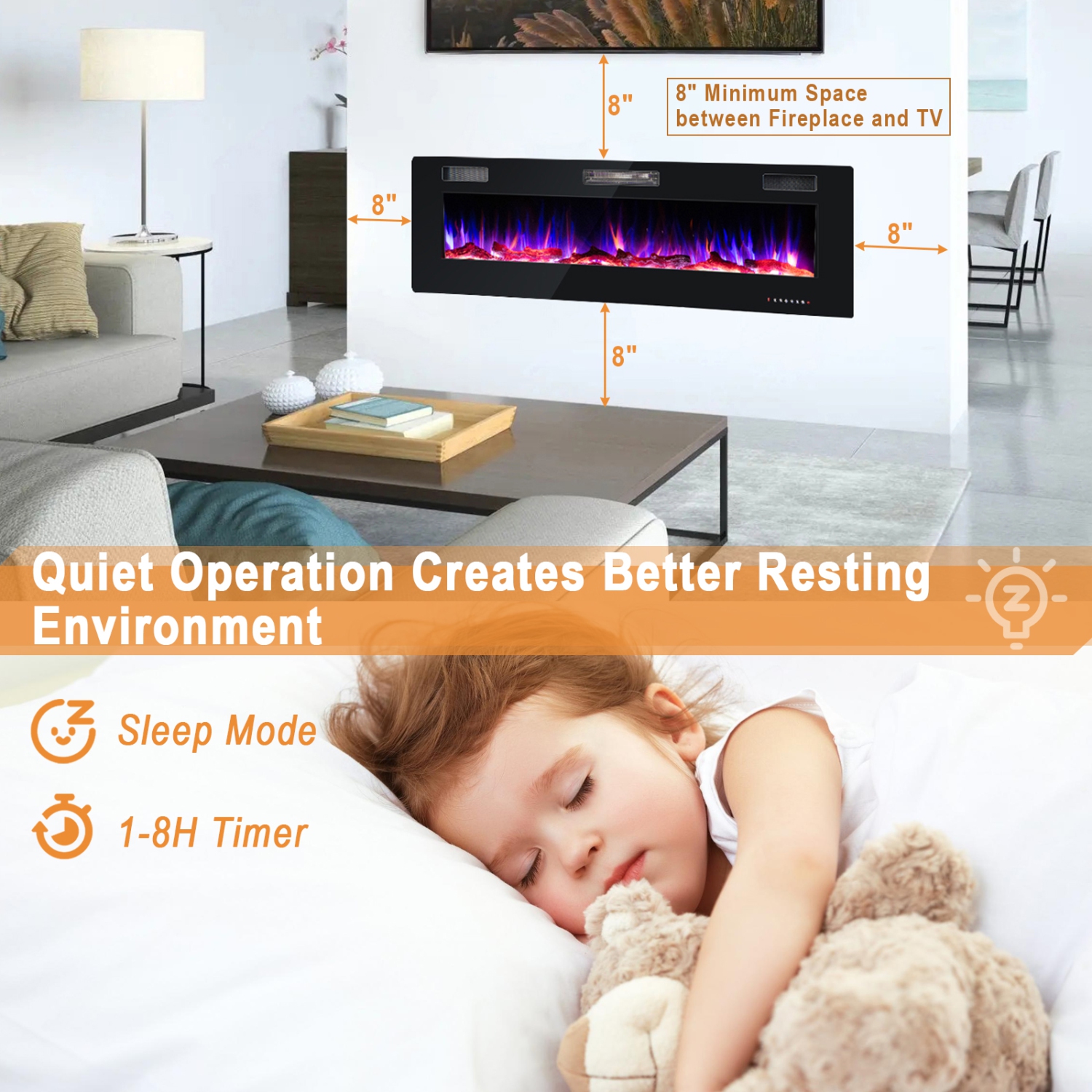 Costway 60 Inches Ultra-thin Electric Fireplace Recessed & Wall Mounted with Log Crystals