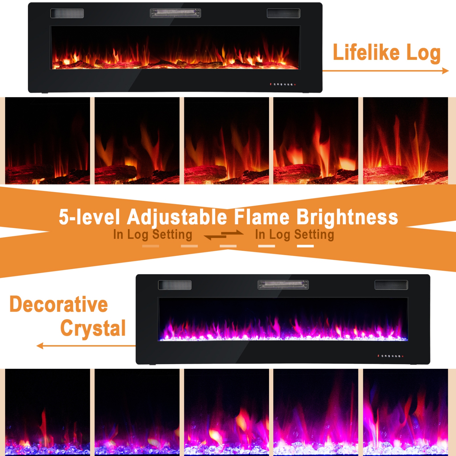 Costway 60 Inches Ultra-thin Electric Fireplace Recessed & Wall Mounted with Log Crystals