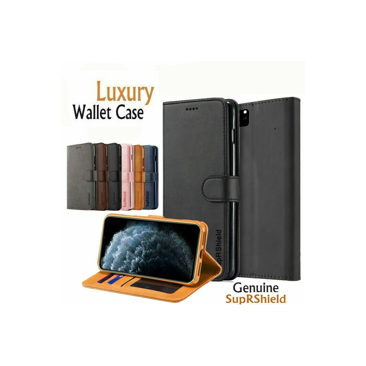 SuperShield Apple iPhone 12 Case Navy Blue Genuine Wallet Case Leather Flip Stand Magnetic Cover