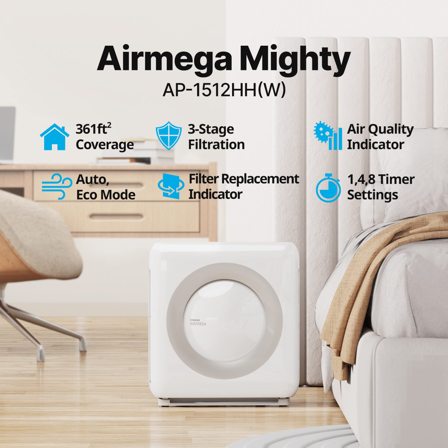 Coway Airmega AP-1512HH(W) True HEPA Purifier with Air Quality