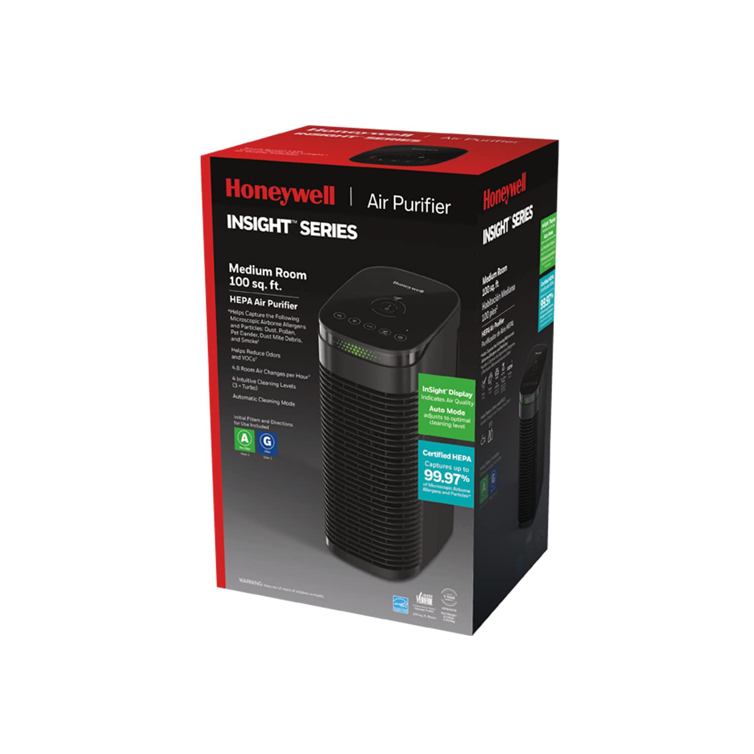 Honeywell InSight HEPA Air Purifier with Air Quality Indicator and Auto Mode, Allergen Reducer for Medium Rooms, Black - Wildfire/Smoke, Pollen, Pet