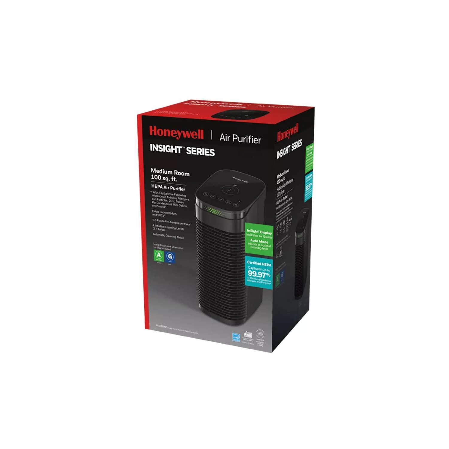 Honeywell InSight HEPA Air Purifier with Air Quality Indicator and Auto Mode, Allergen Reducer for Medium Rooms, Black - Wildfire/Smoke, Pollen, Pet