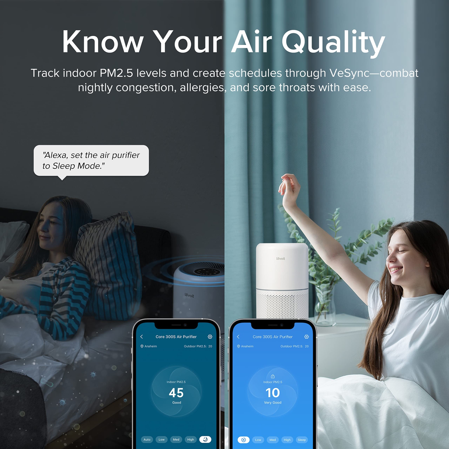LEVOIT Air Purifiers for Home Bedroom H13 True HEPA Filter for Large Room, Sleep, Quiet Cleaner for Dust, Allergies, Pets, Smoke, White Noise, Smart