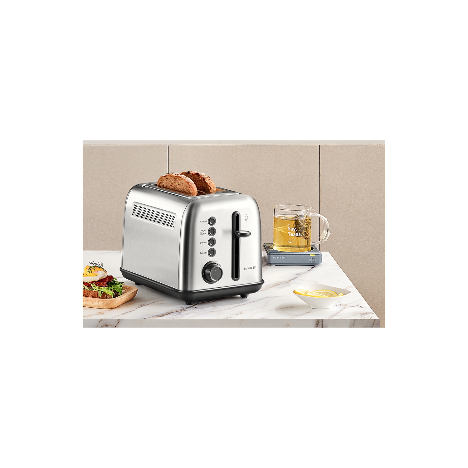 Ecuissede – Grille-pain à 2 tranches DT620, fentes extra larges, acier inoxydable rétro avec levier à soulèvement élevé, fonction bagel et muffin,