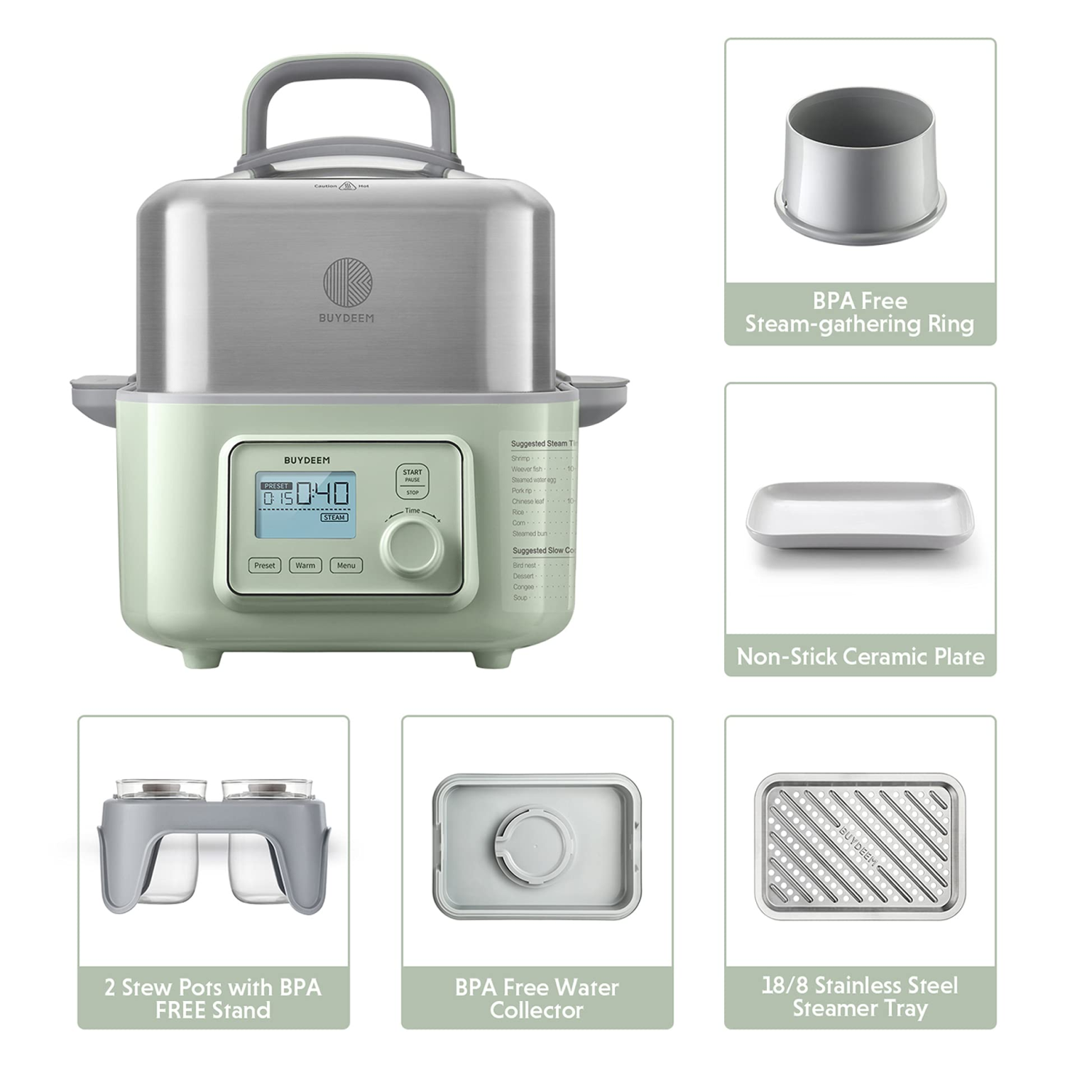 BUYDEEM G563 5-Quart Electric Food Steamer, One Touch Vegetable Steamer, Digital Multifunctional Steamer, Quick Steam in 60s, Stainless Steel Steamer