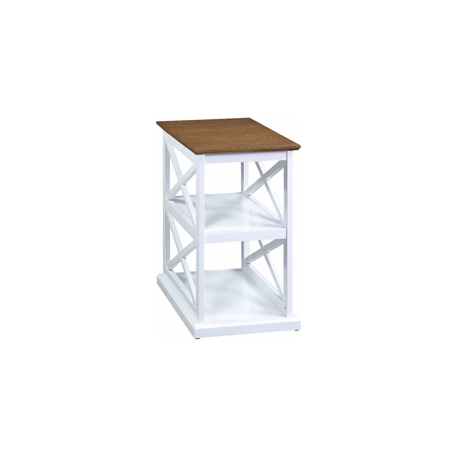 Coventry Chairside End Table with Shelves in White Wood with Driftwood Top