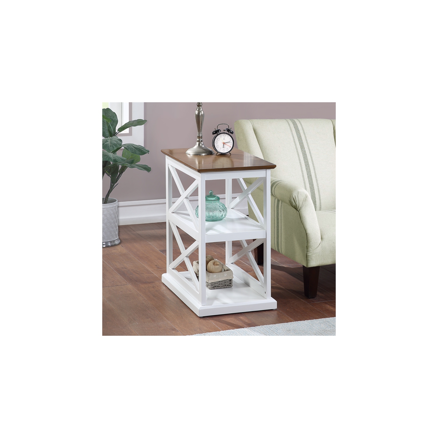 Coventry Chairside End Table with Shelves in White Wood with Driftwood Top