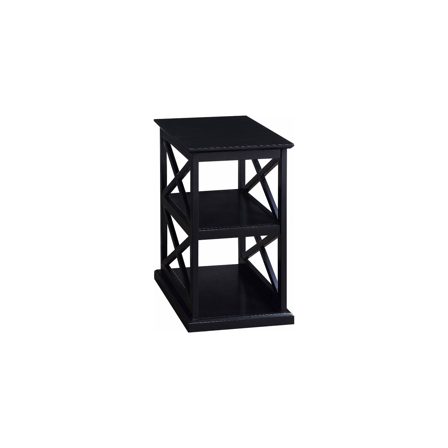 Coventry Chairside End Table with Shelves in Black Wood Finish and "X" Sides